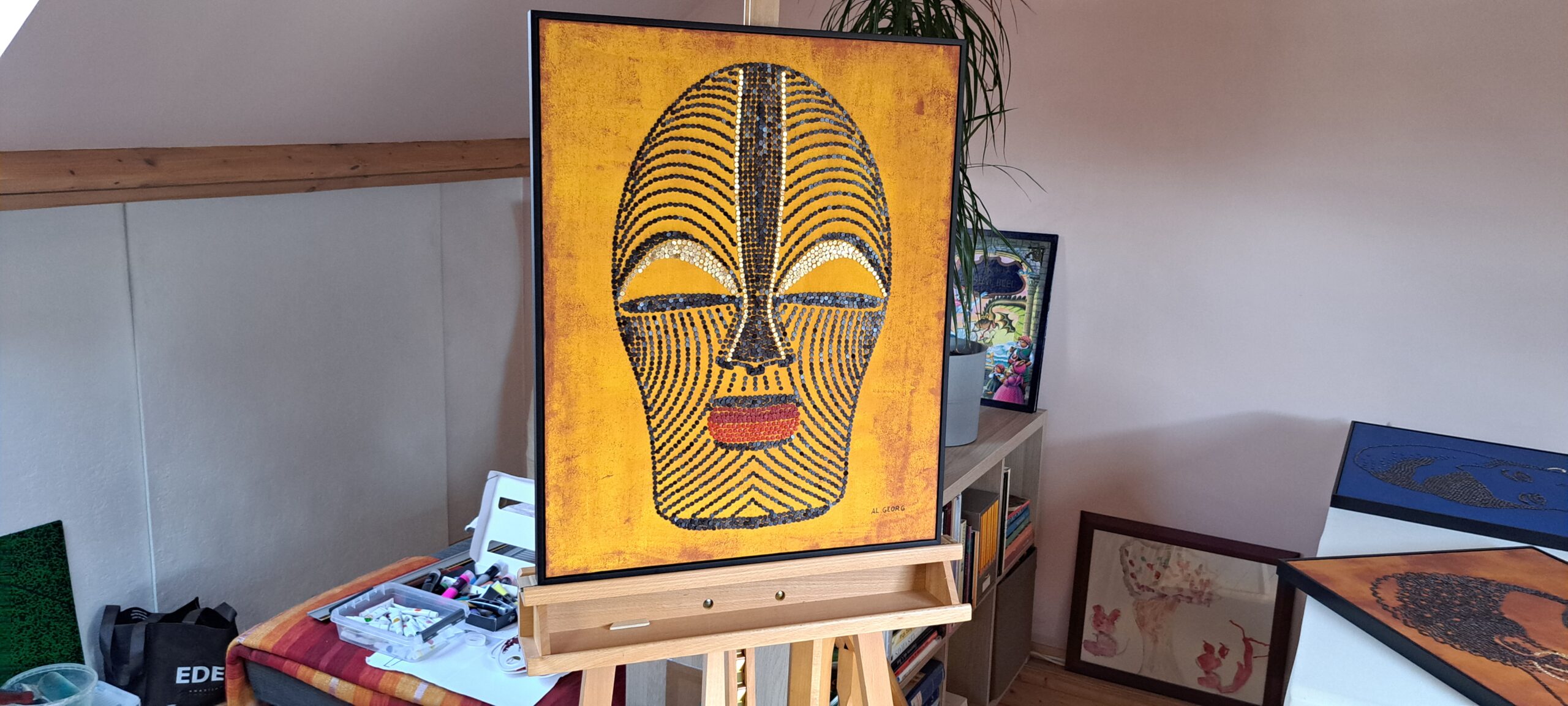 Artwork of the Songye Kifwebe mask in the workshop